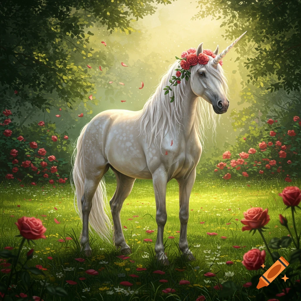 A white unicorn with a crown of red roses stands in a magical forest clearing with red roses and falling petals.