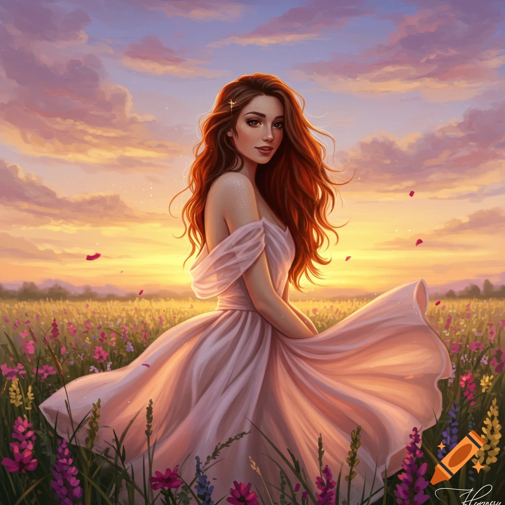 A beautiful woman with long red hair in a flowing pink dress stands in a field of colorful wildflowers at sunset, digital art.