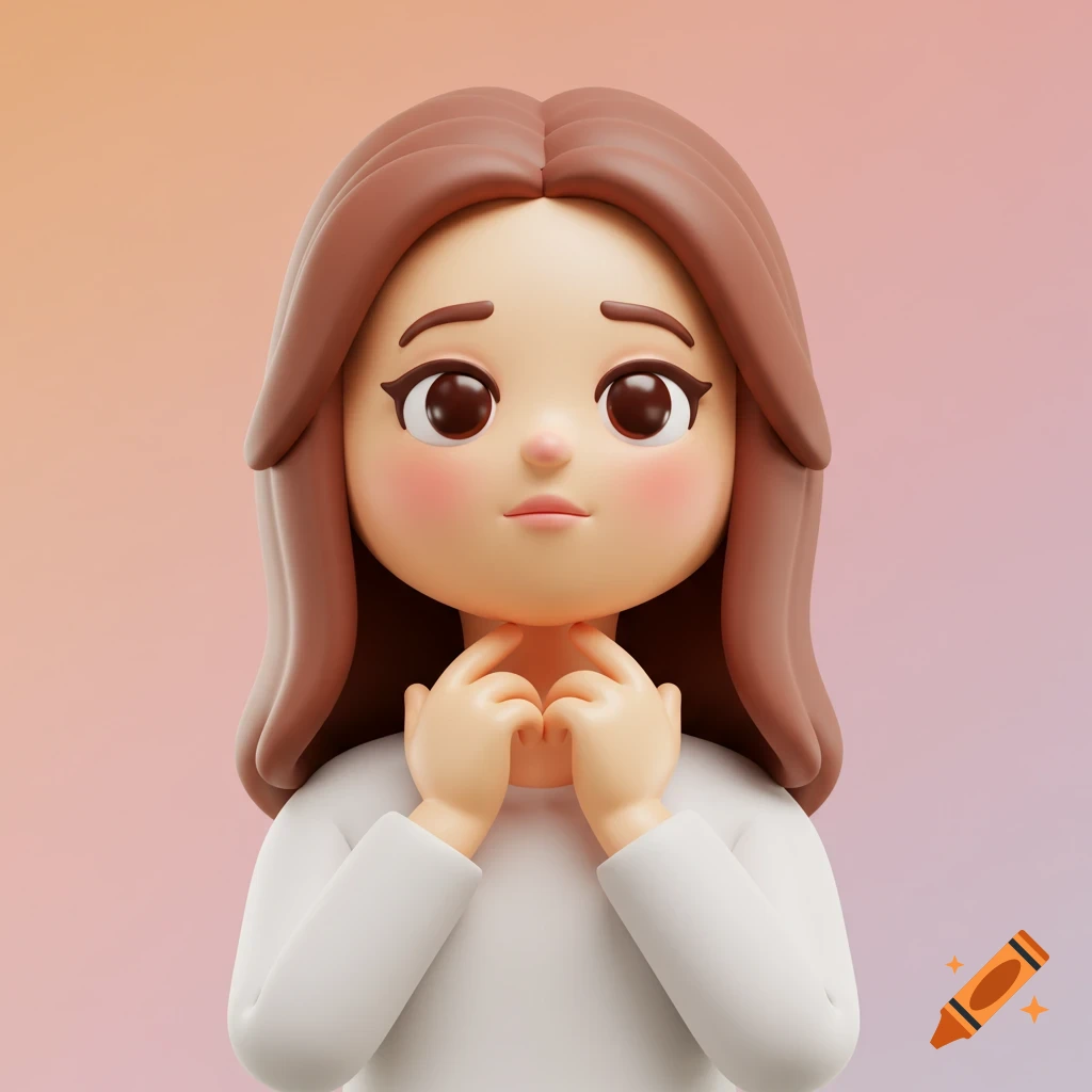 A cute 3D rendered character with brown hair and large eyes, wearing a white shirt, holding her chin with her hands, against a soft gradient background.