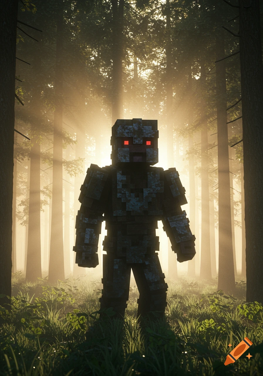 A blocky Minecraft Pillager with glowing red eyes stands in a misty forest with sun rays, in a photorealistic style.
