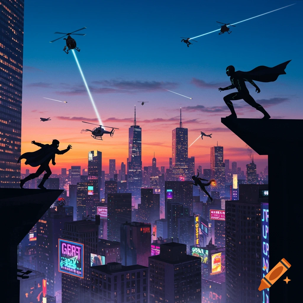 Silhouetted superheroes on rooftops with helicopters beaming lasers in a neon-lit city at sunset, in an animated style.