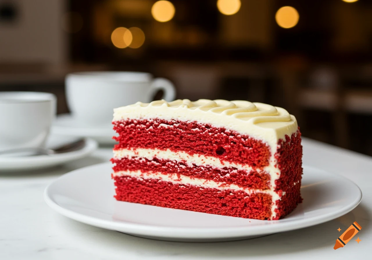 A slice of red velvet cake with cream cheese frosting on a white plate, with blurred coffee cups in the background.