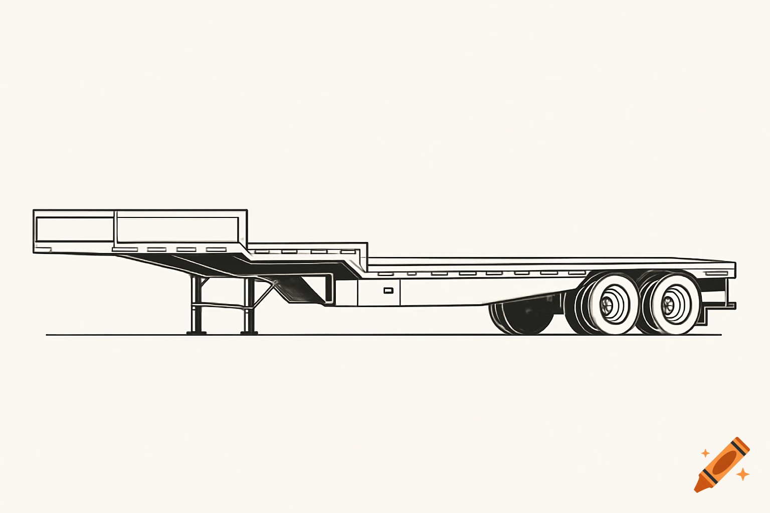 A technical line drawing showing a side view of a tandem-axle step deck semi trailer.