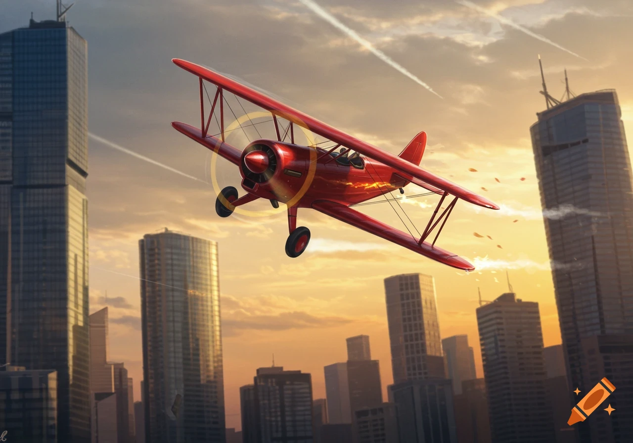 A vibrant red biplane with a three-blade propeller soars through a modern city skyline at sunset.