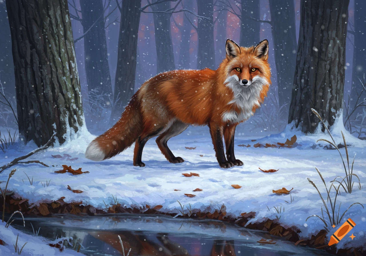 A red fox stands in a snowy forest beside a small stream, with snow falling around it, in a digital painting style.