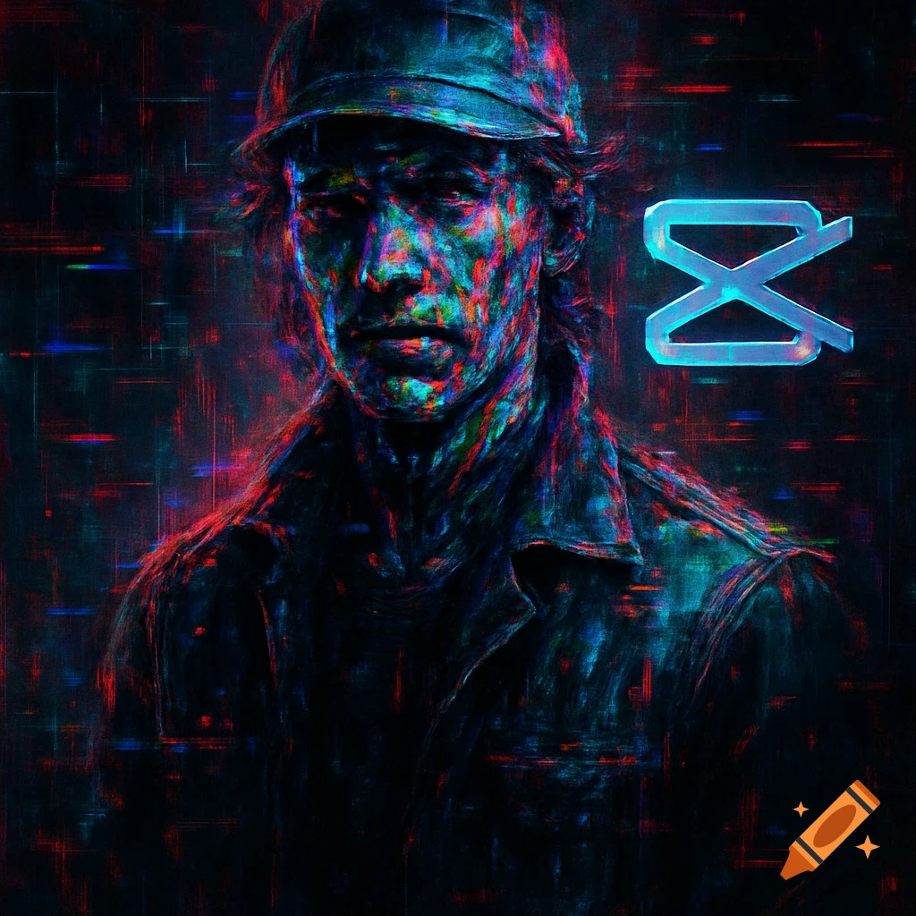 A dark, glitchcore portrait of a man in a cap, with the blue neon CapCut logo next to him.