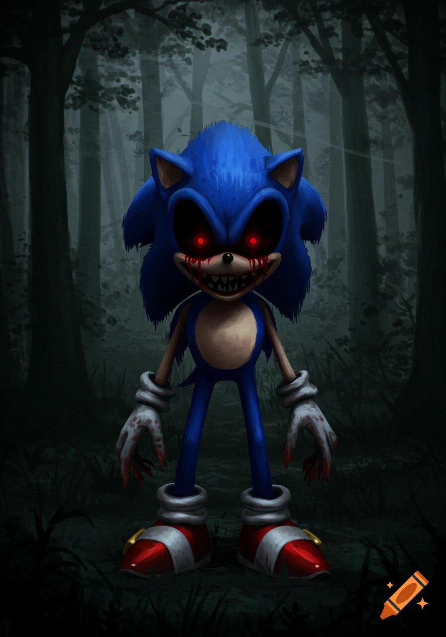 A creepy Sonic.exe character with glowing red eyes, sharp teeth, and blood on his face and hands stands in a dark, misty forest.