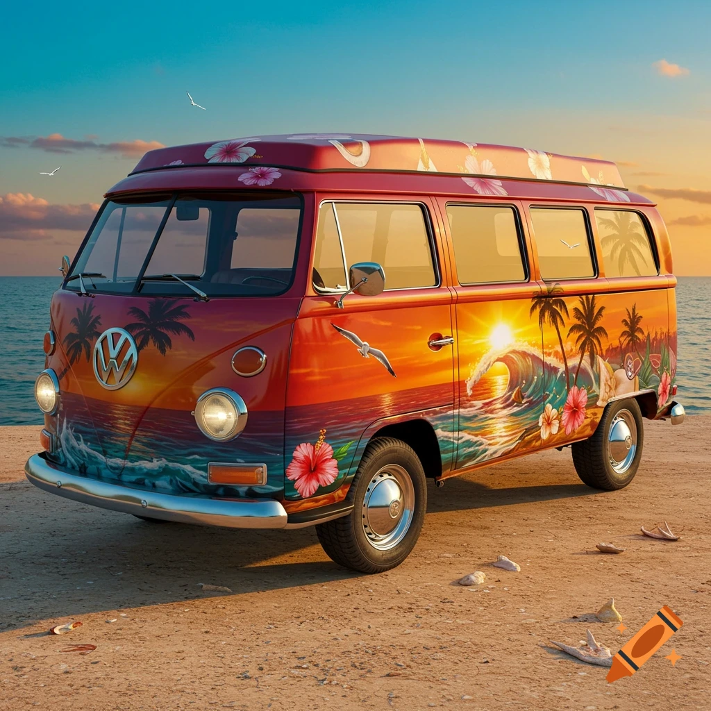 A vibrant, retro Volkswagen camper van with a tropical sunset and beach mural parked on a sandy beach at sunset.