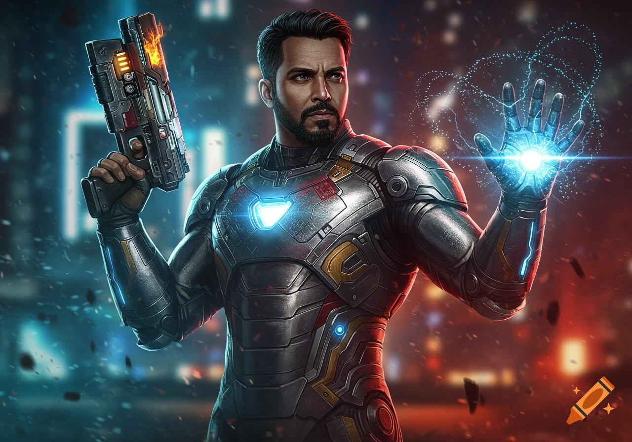 A bearded man in futuristic Iron Man-style armor holds a glowing gun and summons blue energy from his hand in a city.