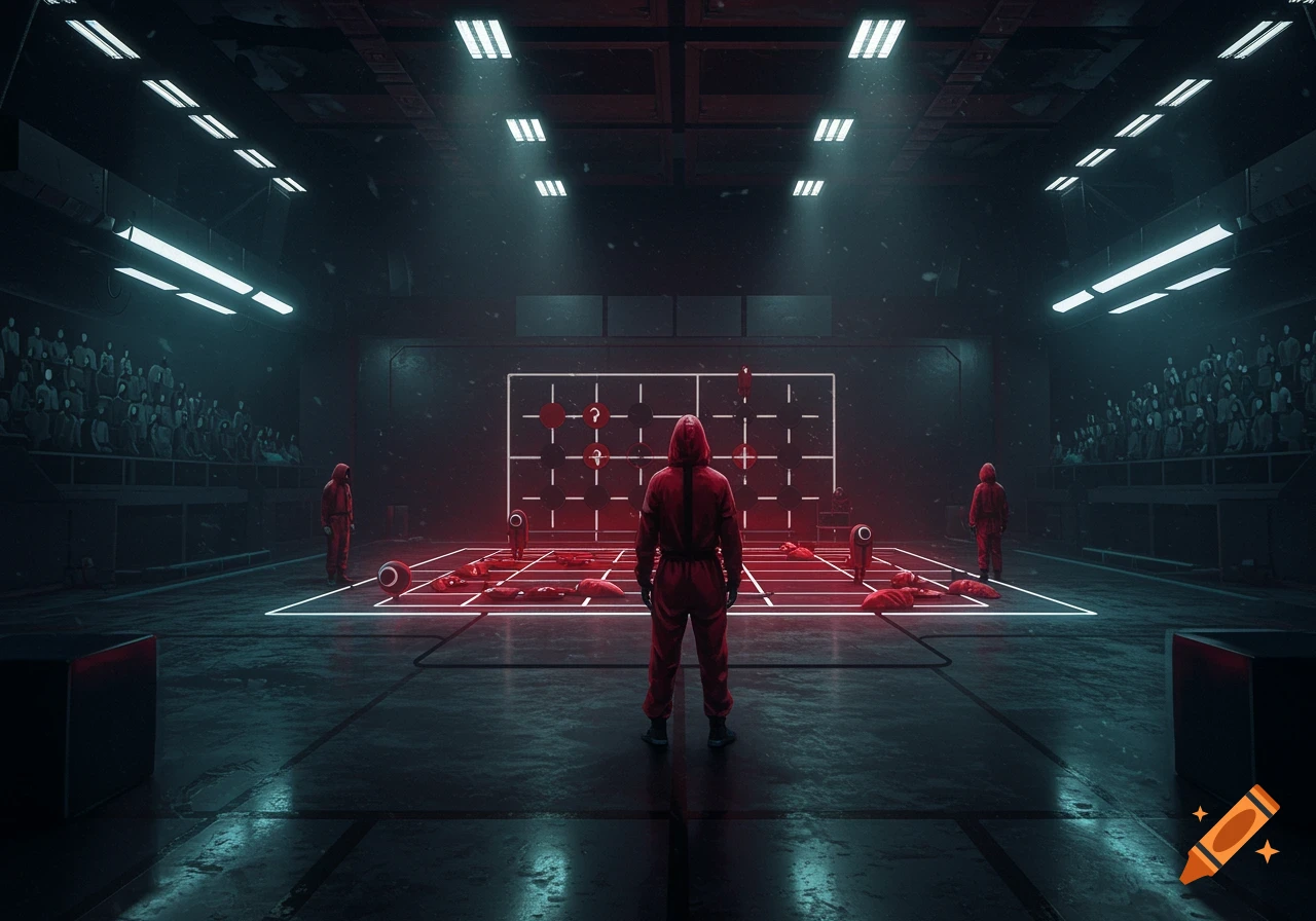 A dark, stylized scene from Squid Game with a figure in a red suit standing on a marked floor, facing a grid with red circles and question marks, observed by an audience.