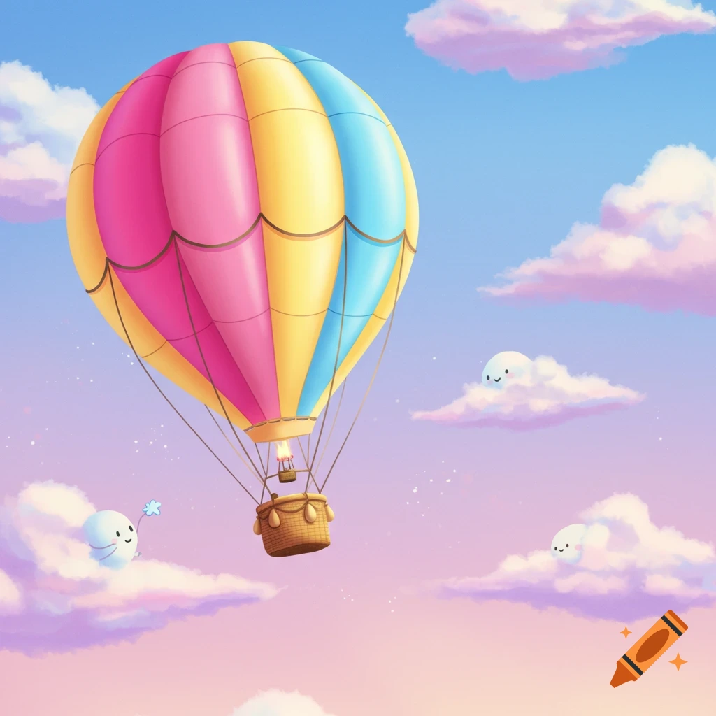 A colorful cartoon hot air balloon in a pastel sky with smiling cloud creatures.