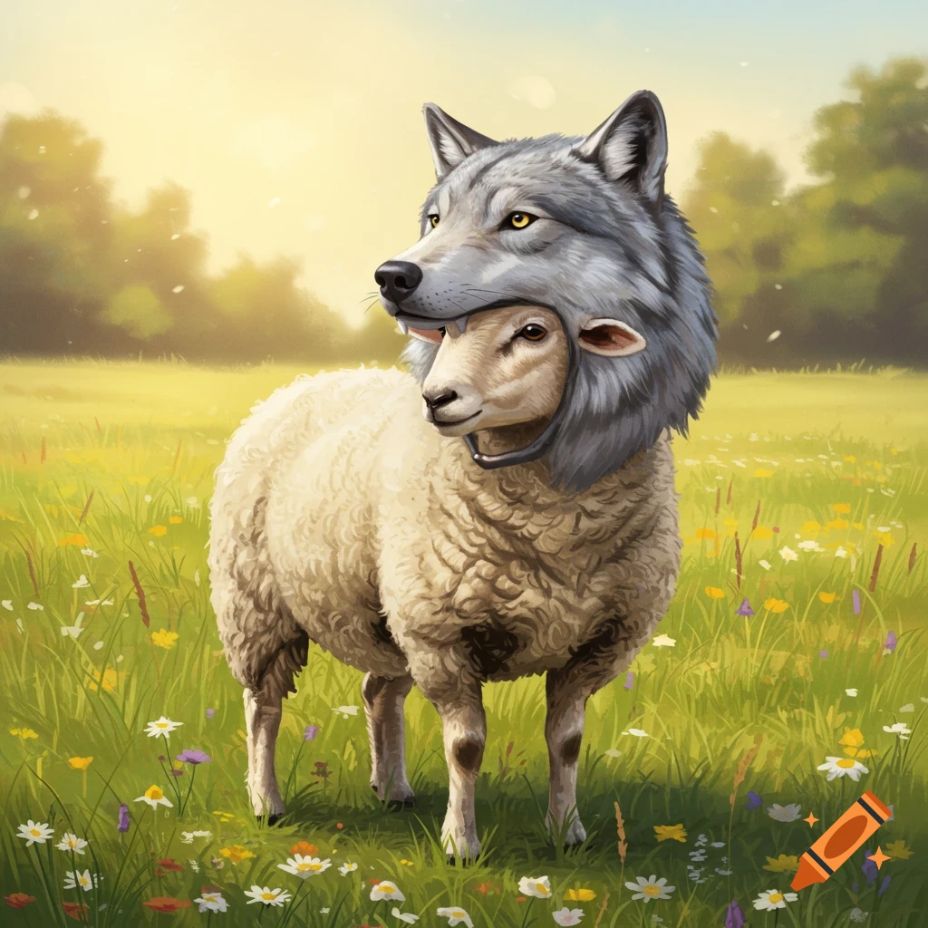 A fluffy white sheep wearing a grey wolf's head as a hat stands in a sunlit grassy field filled with wildflowers.