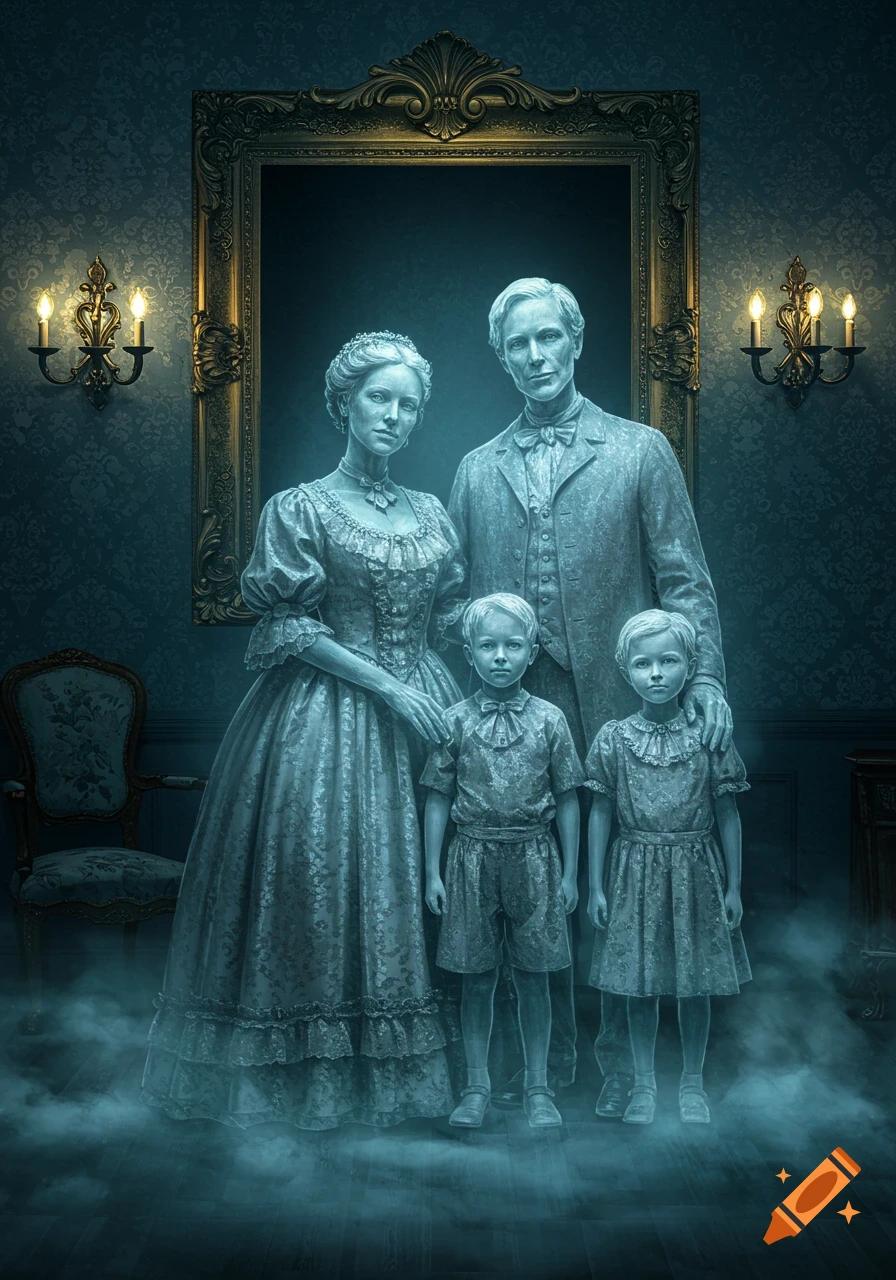 A ghostly Victorian family portrait featuring a mother, father, and two young children standing in a dimly lit room.
