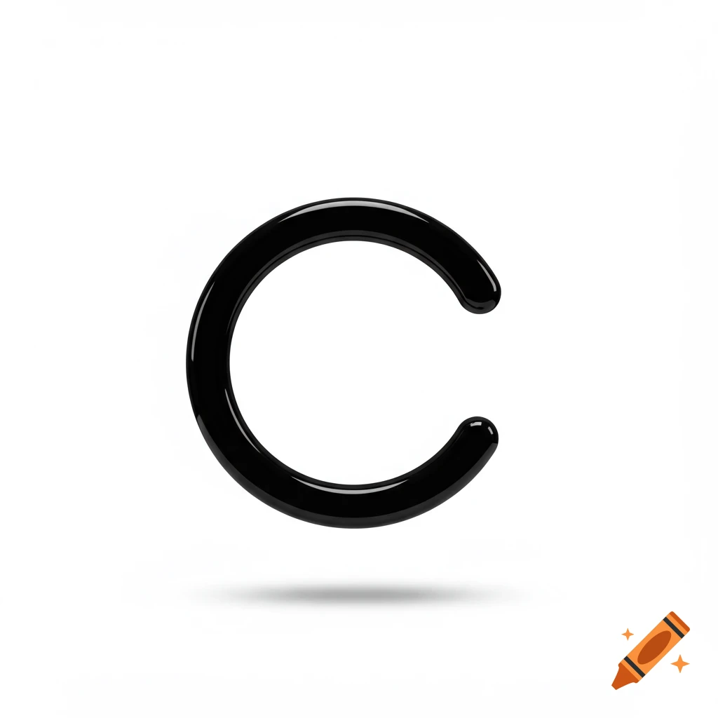 A glossy black, rounded letter C floating slightly above a white background, casting a soft shadow.