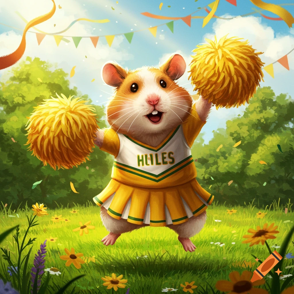 A cute cartoon hamster dressed as a cheerleader, holding yellow pom-poms and jumping in a grassy field with flowers under a blue sky.