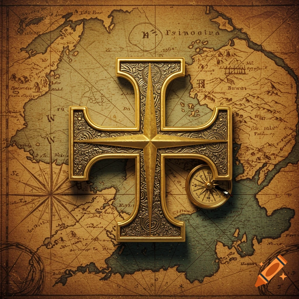 An ornate golden Chi Rho symbol with a compass is centered on an aged, antique-style world map.