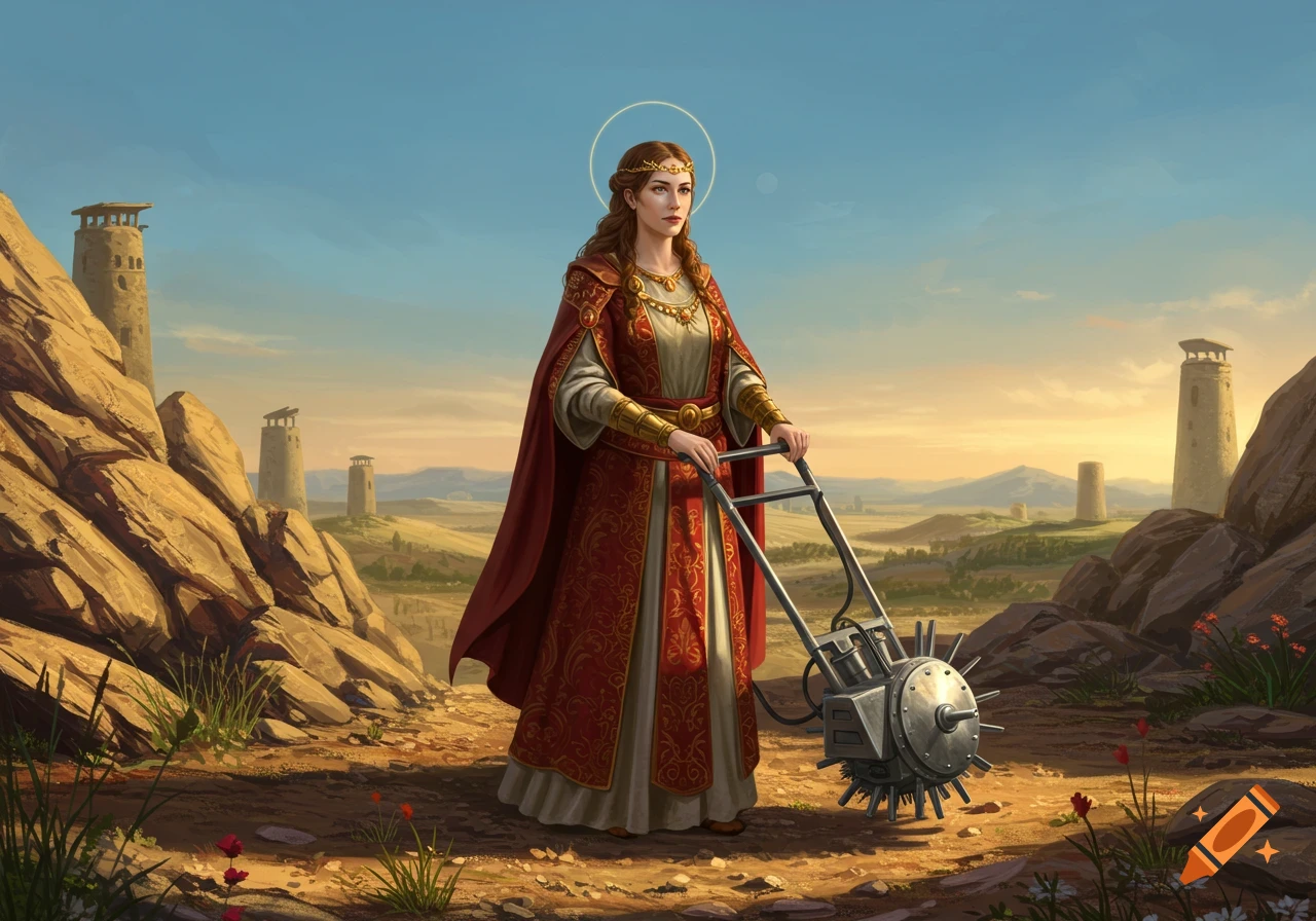 A woman in red and gold robes with a halo stands on a rocky path, holding a spiky wheeled device, in a desert landscape with towers.