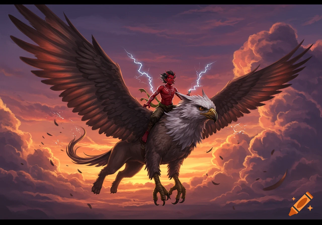Red oni teenager riding a large griffon through a stormy, lightning-filled sunset sky.