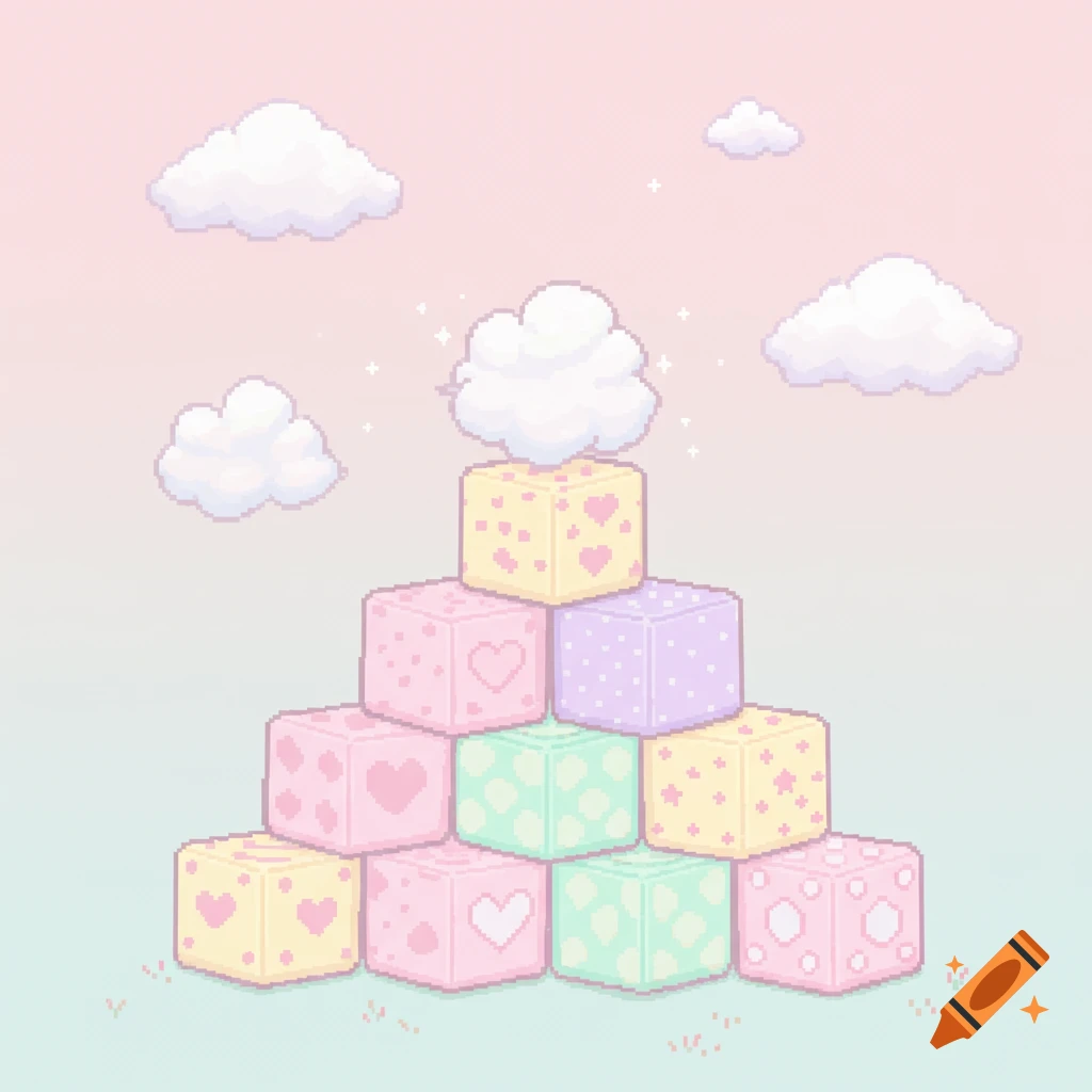 A pyramid of pastel-colored pixel art toy blocks with hearts, dots, and stars, under a soft pink and blue sky with clouds.