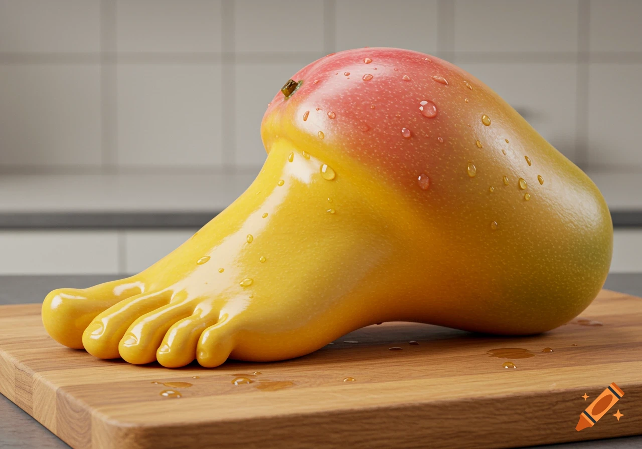 A photorealistic mango shaped like a human foot, with water droplets, resting on a wooden cutting board in a kitchen.