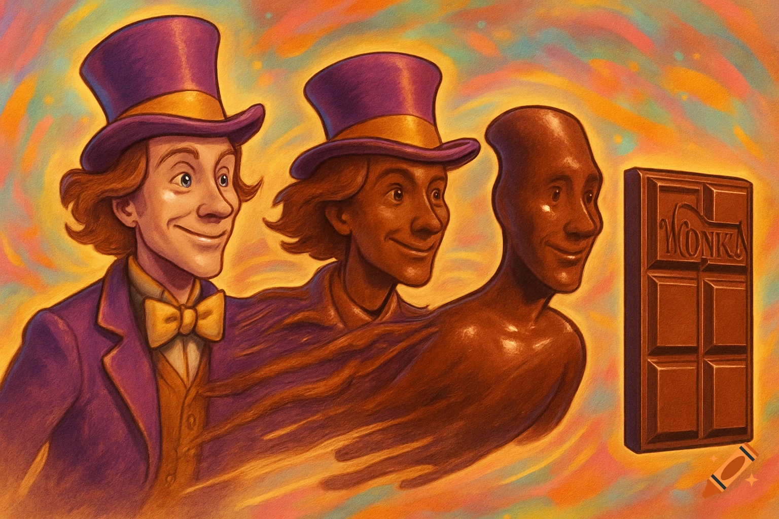 A painterly image shows Willy Wonka transforming into a chocolate bar with 'WONKA' on it, against a swirling colorful background.