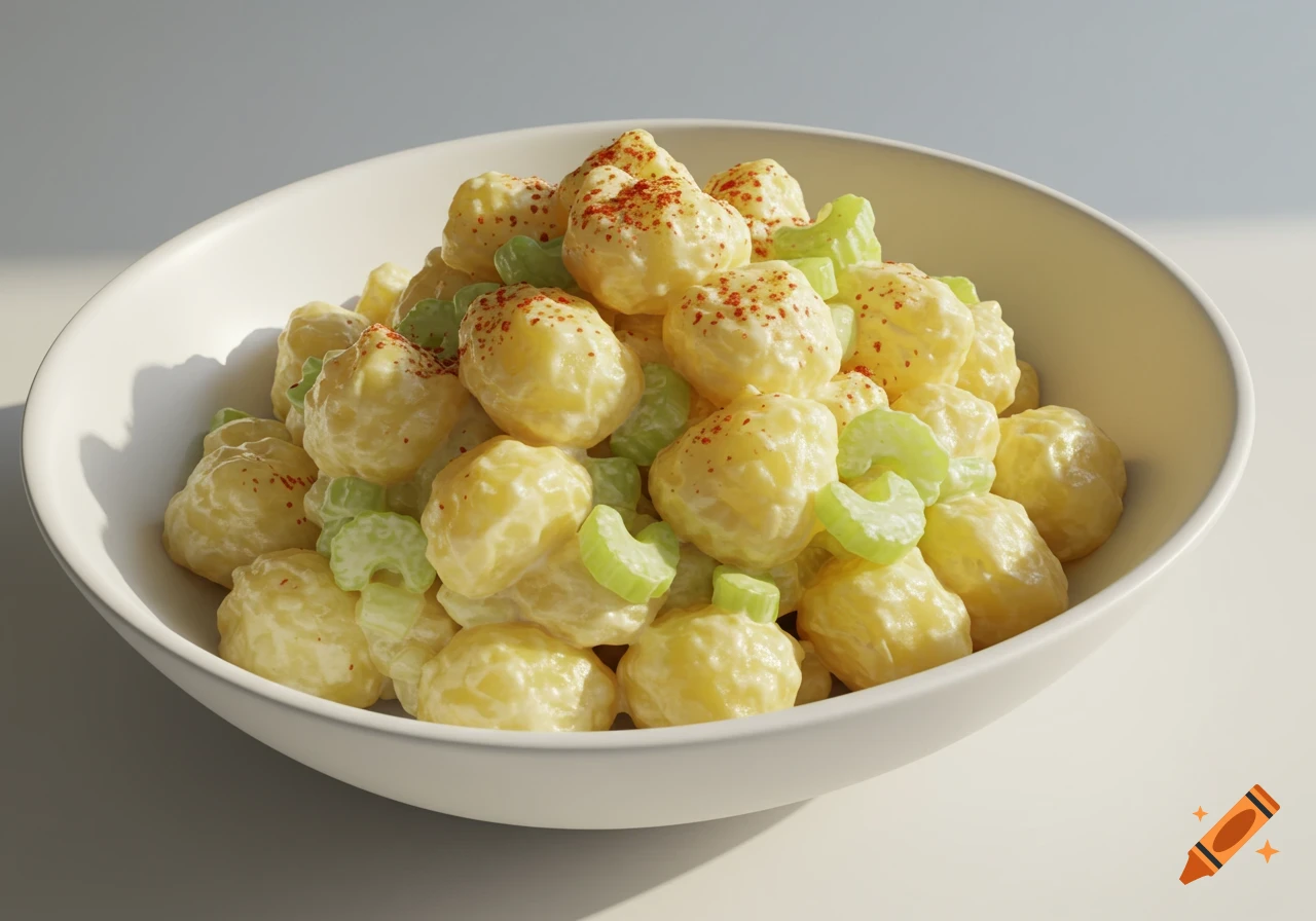 Creamy golden potato salad with chopped celery and red paprika in a white bowl, lit from the side.