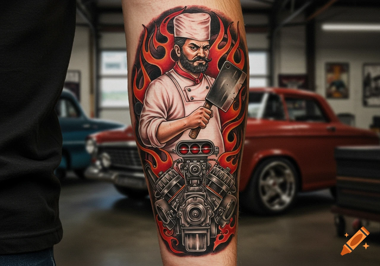 A colorful tattoo on a forearm featuring a chef holding a cleaver above a hot rod engine, surrounded by flames.