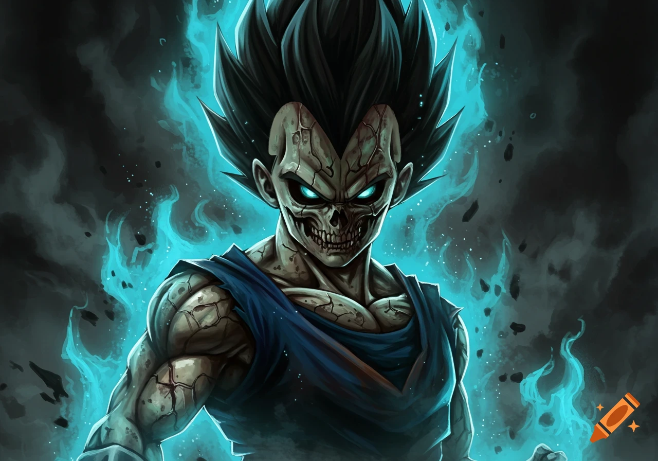 An undead, zombie-like Vegeta with a skeletal face and glowing blue eyes, surrounded by a turquoise aura.