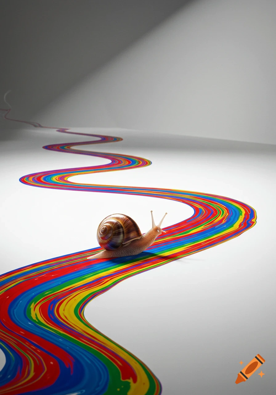 A brown snail moves slowly across a white surface, leaving a winding, vibrant trail of rainbow-colored paint behind it.
