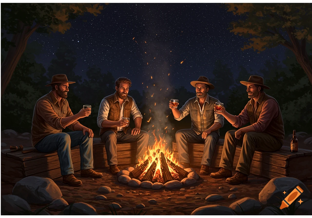 Four men with hats and beards sit around a campfire at night, drinking from glasses under a starry sky.