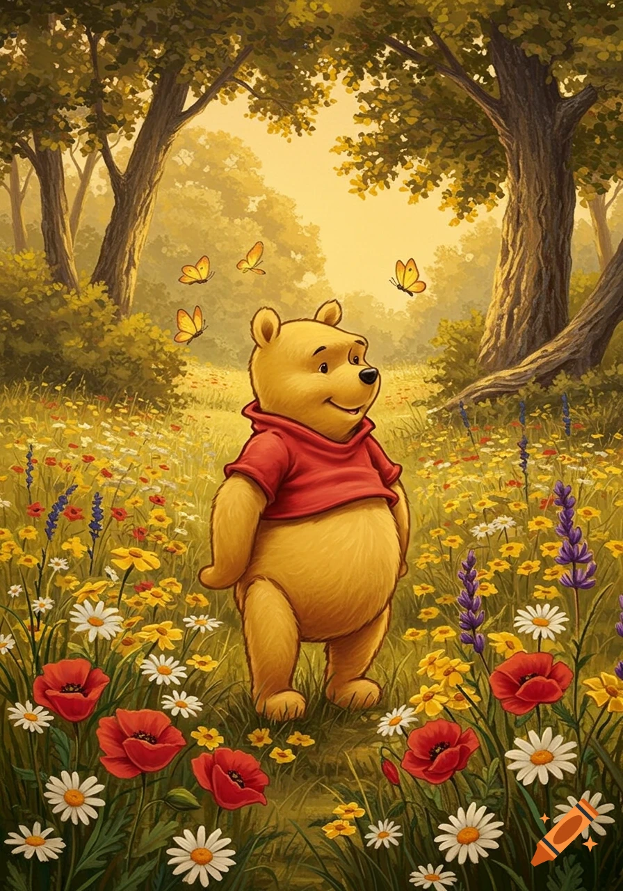 Winnie the Pooh stands in a sunny, vibrant meadow filled with colorful flowers like poppies and daisies, with butterflies and trees.