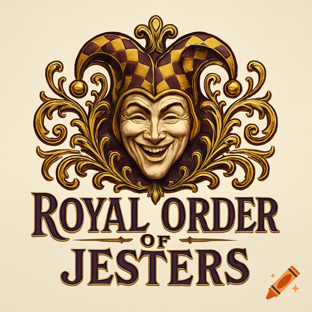 A detailed, ornate logo with a laughing jester's head in a checkered hat surrounded by golden scrollwork, above 'ROYAL ORDER OF JESTERS'.