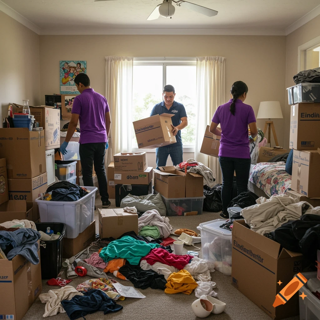 Photorealistic image of three movers in purple shirts organizing a messy bedroom filled with boxes and clothes.