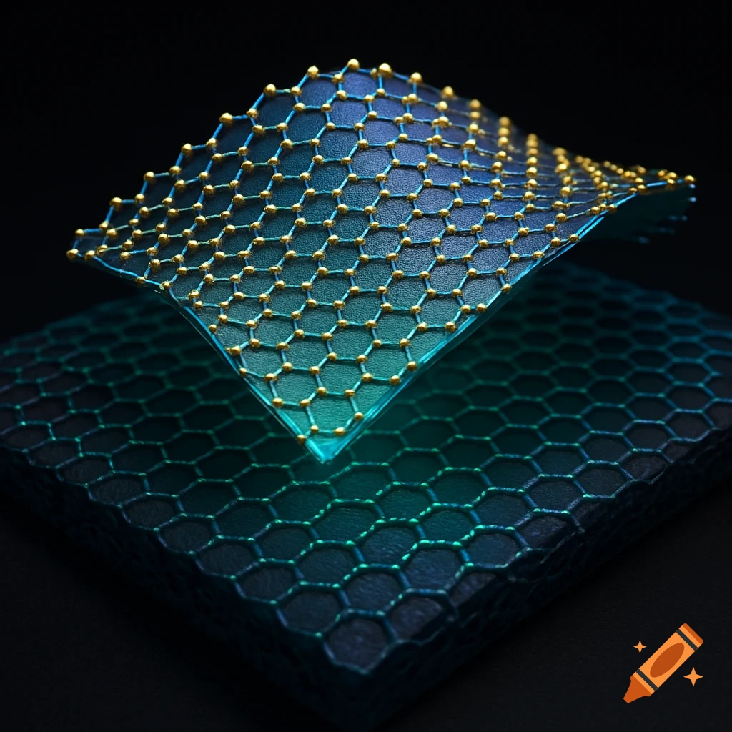A close-up of a blue and gold hexagonal lattice structure resembling graphene, with a wavy layer above a flat one, on a dark background.