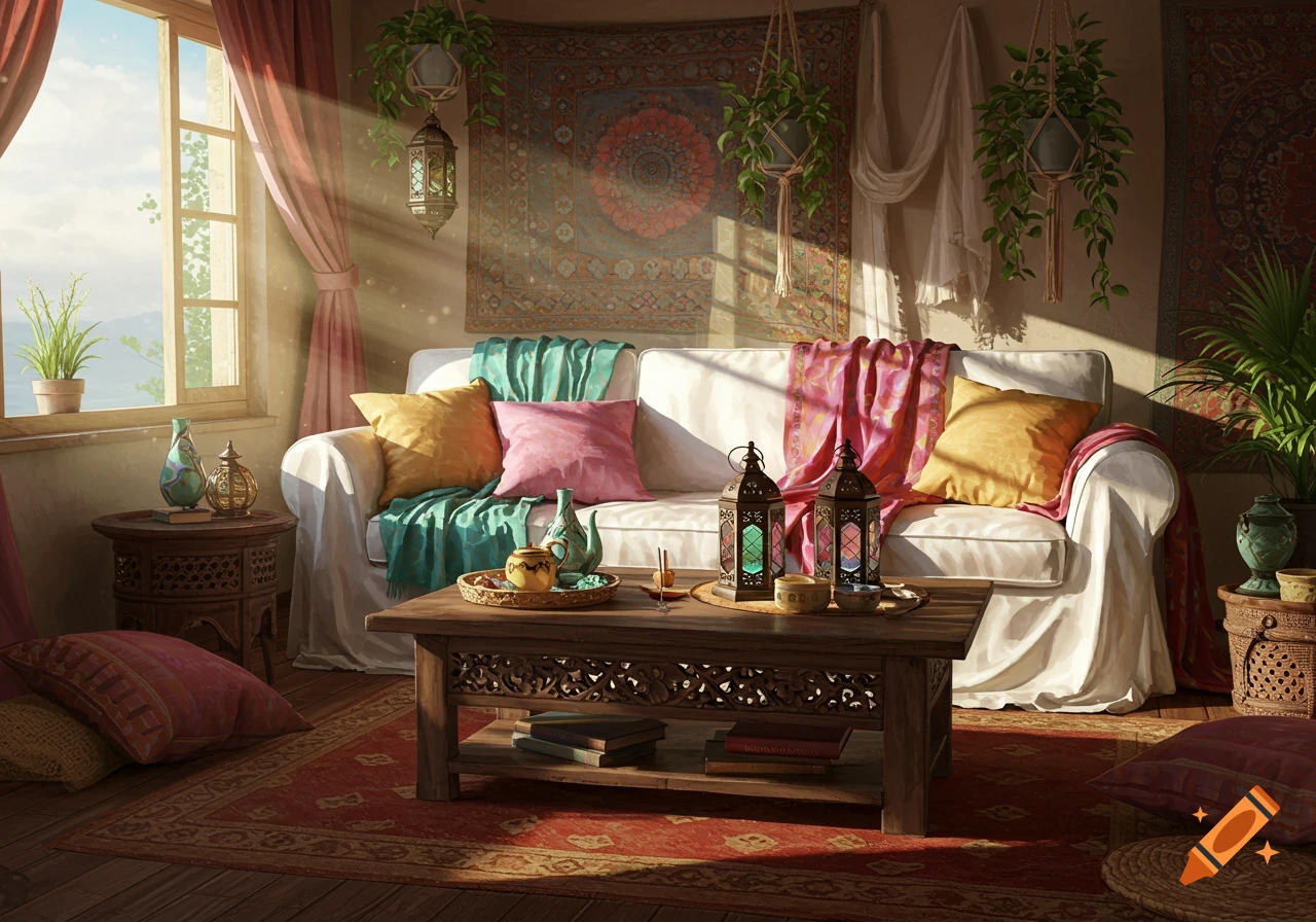 A sunlit bohemian living room with a white sofa, colorful pillows, hanging plants, and ornate wooden furniture.
