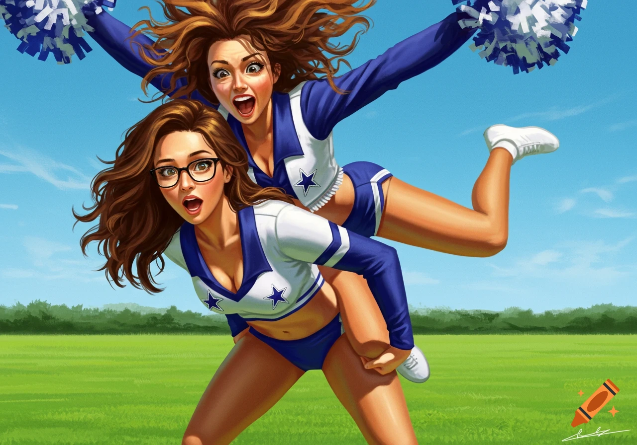 Two female cheerleaders in blue and white uniforms, one with glasses carrying the other on her back, both looking surprised on a green field.