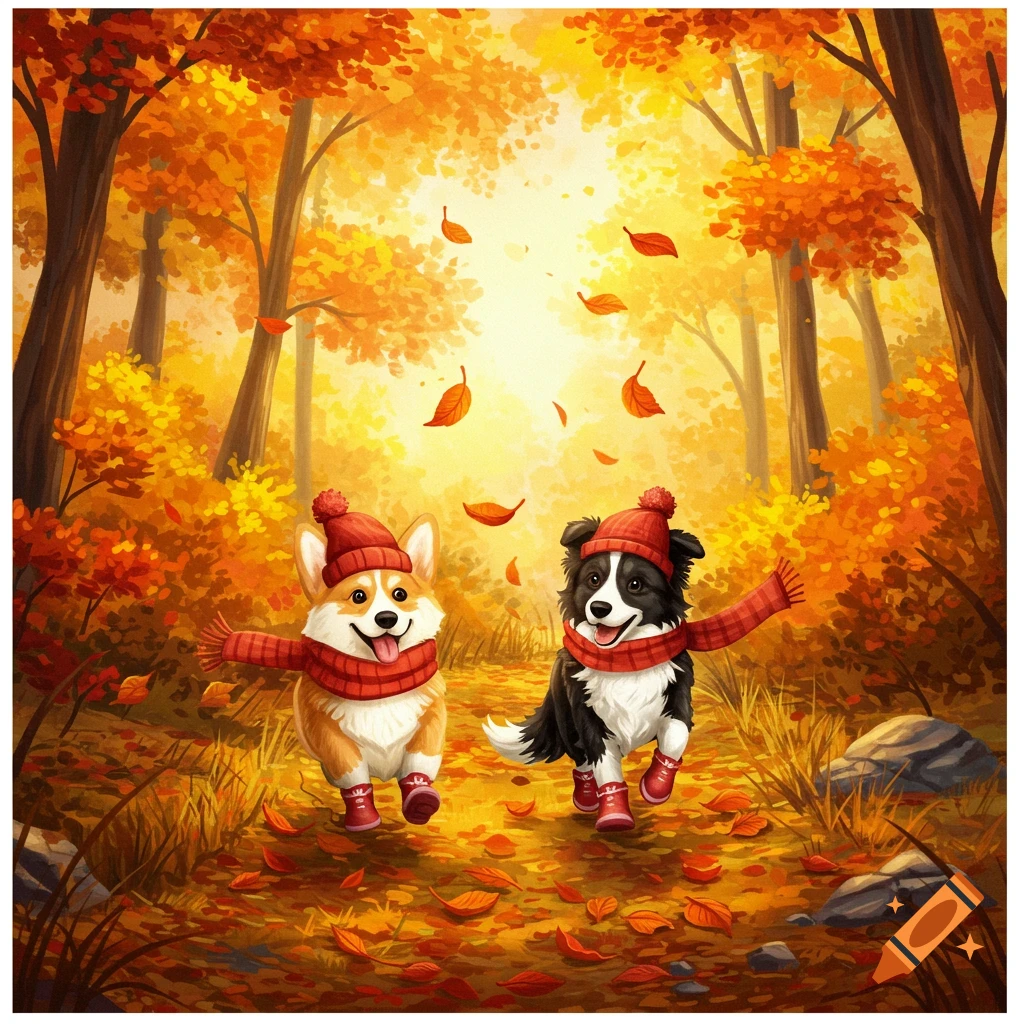 A cute corgi and a border collie wearing red hats, scarves, and boots run through an autumn forest with falling orange leaves in an illustration.