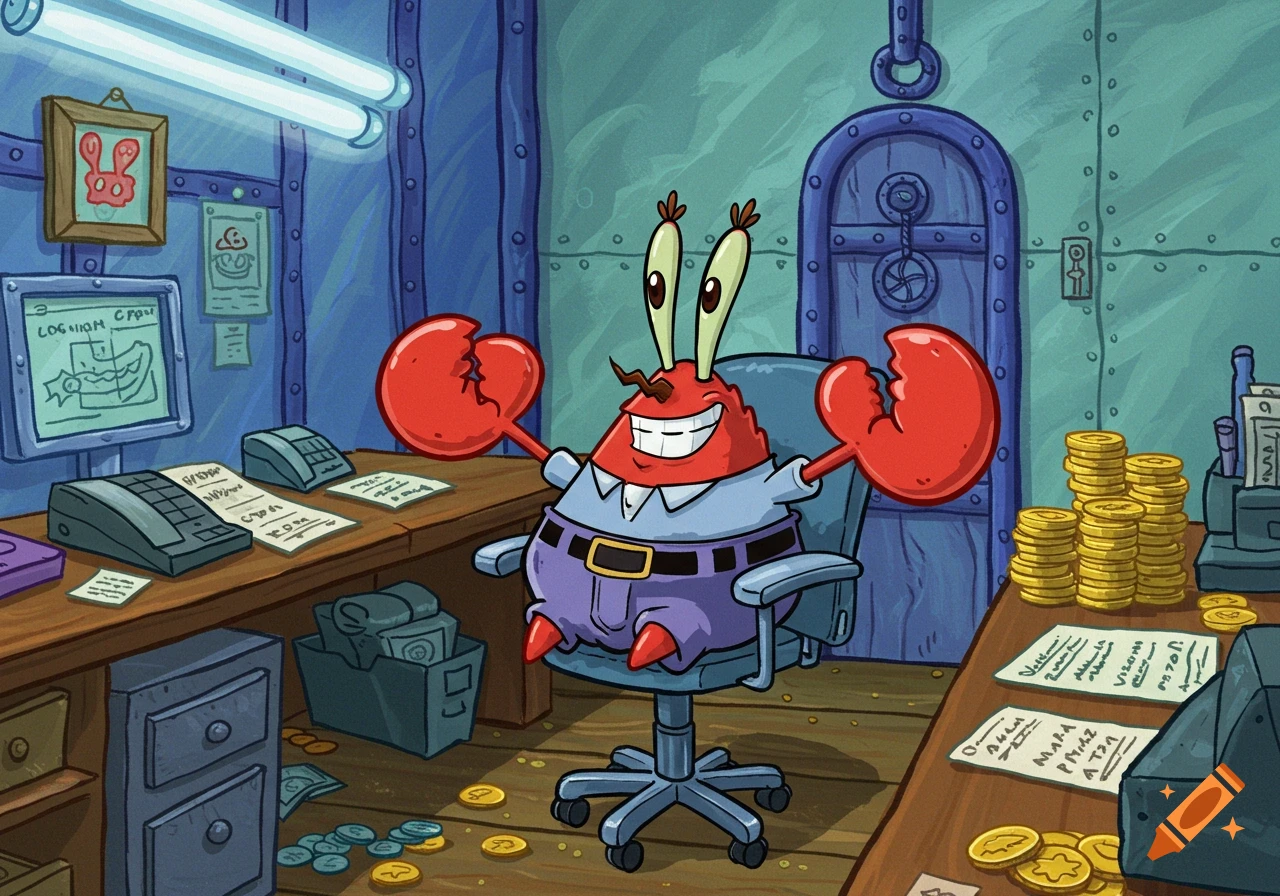Mr. Krabs from SpongeBob SquarePants sits smiling in a rolling office chair at a desk full of money and papers.