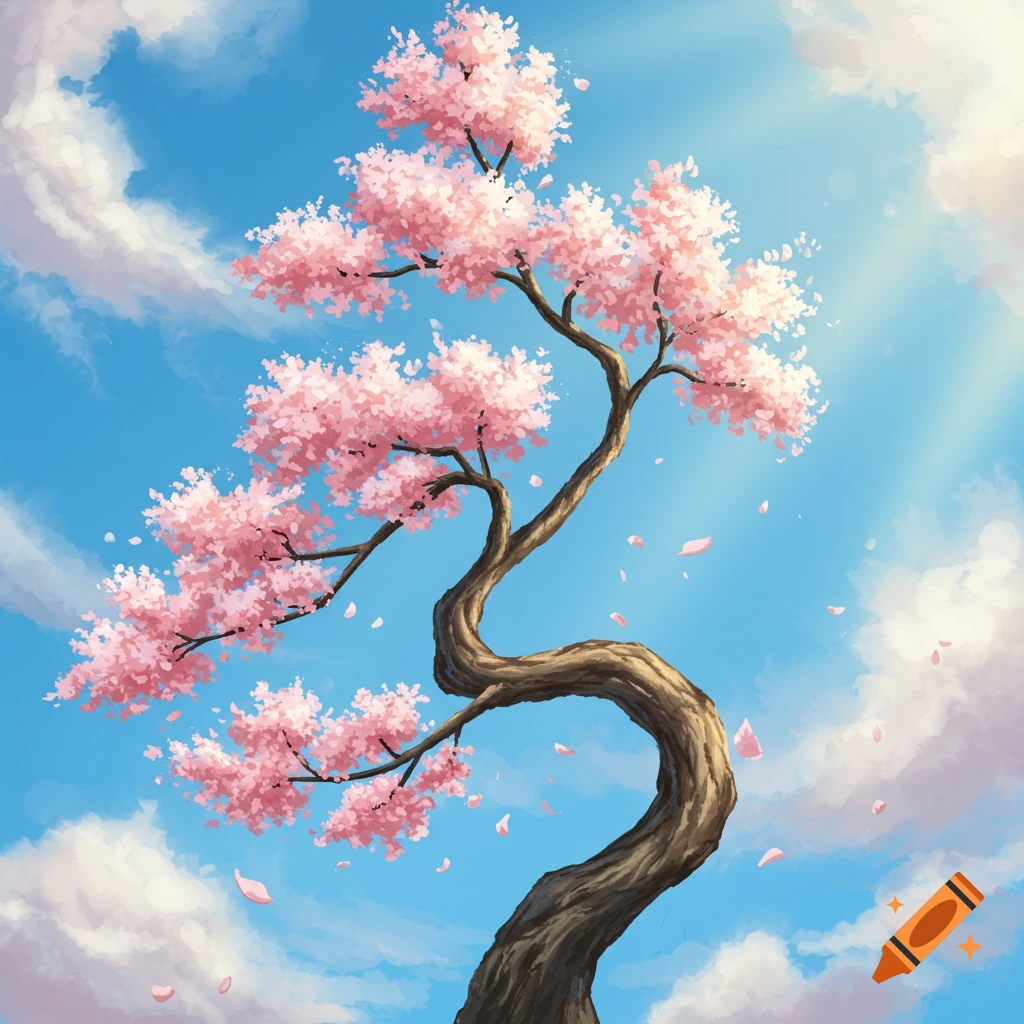 An artistic illustration of a twisted cherry blossom tree with pink blooms against a bright blue sky with white clouds.
