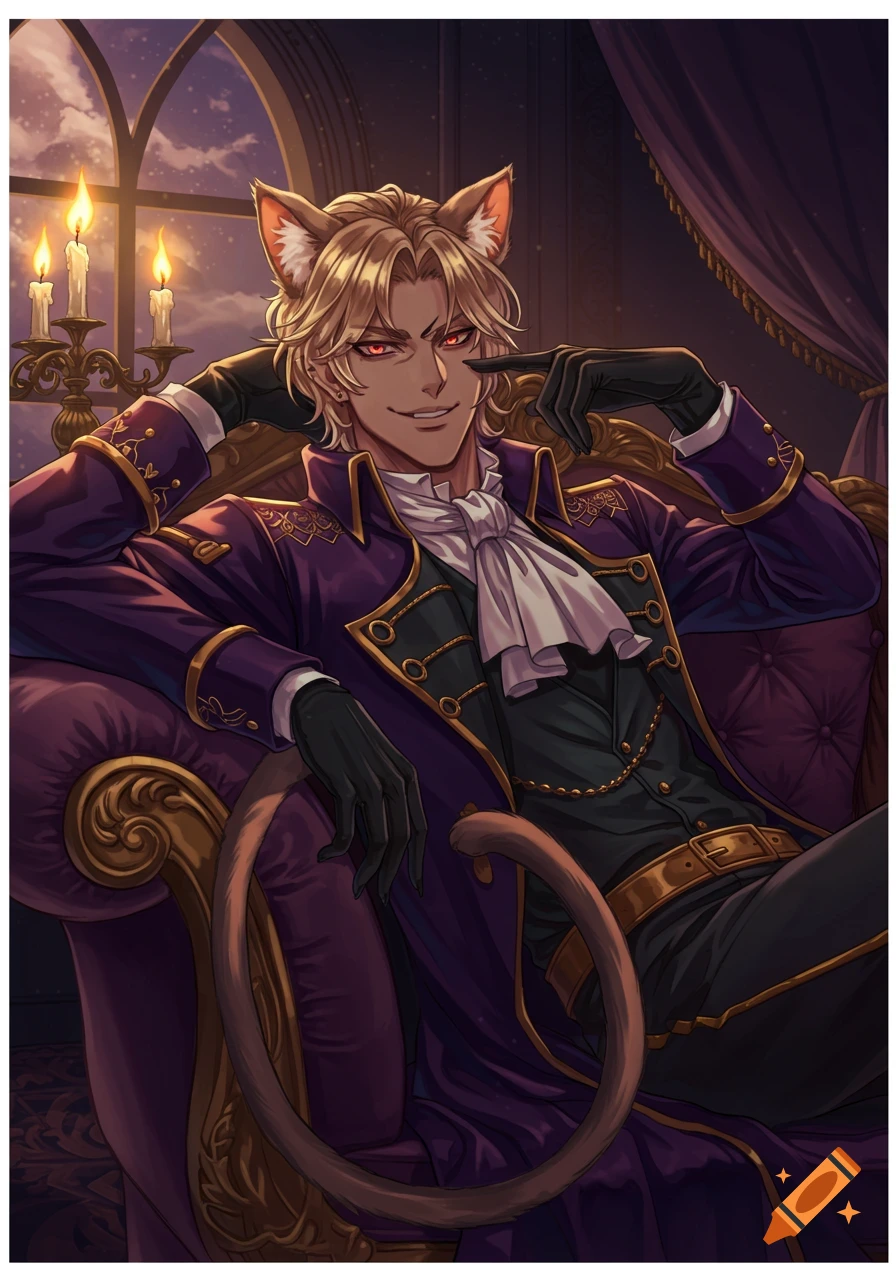 Anime illustration of a catboy in a regal purple coat, white cravat, and gloves, lounging on a golden chair in a candlelit room.