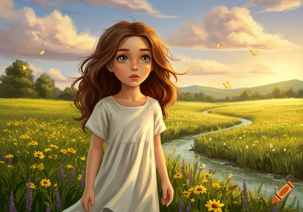 A whimsical illustration of a young girl with long brown hair and green eyes, standing in a vibrant green and yellow flower field with a winding river and butterflies under a pastel sky.