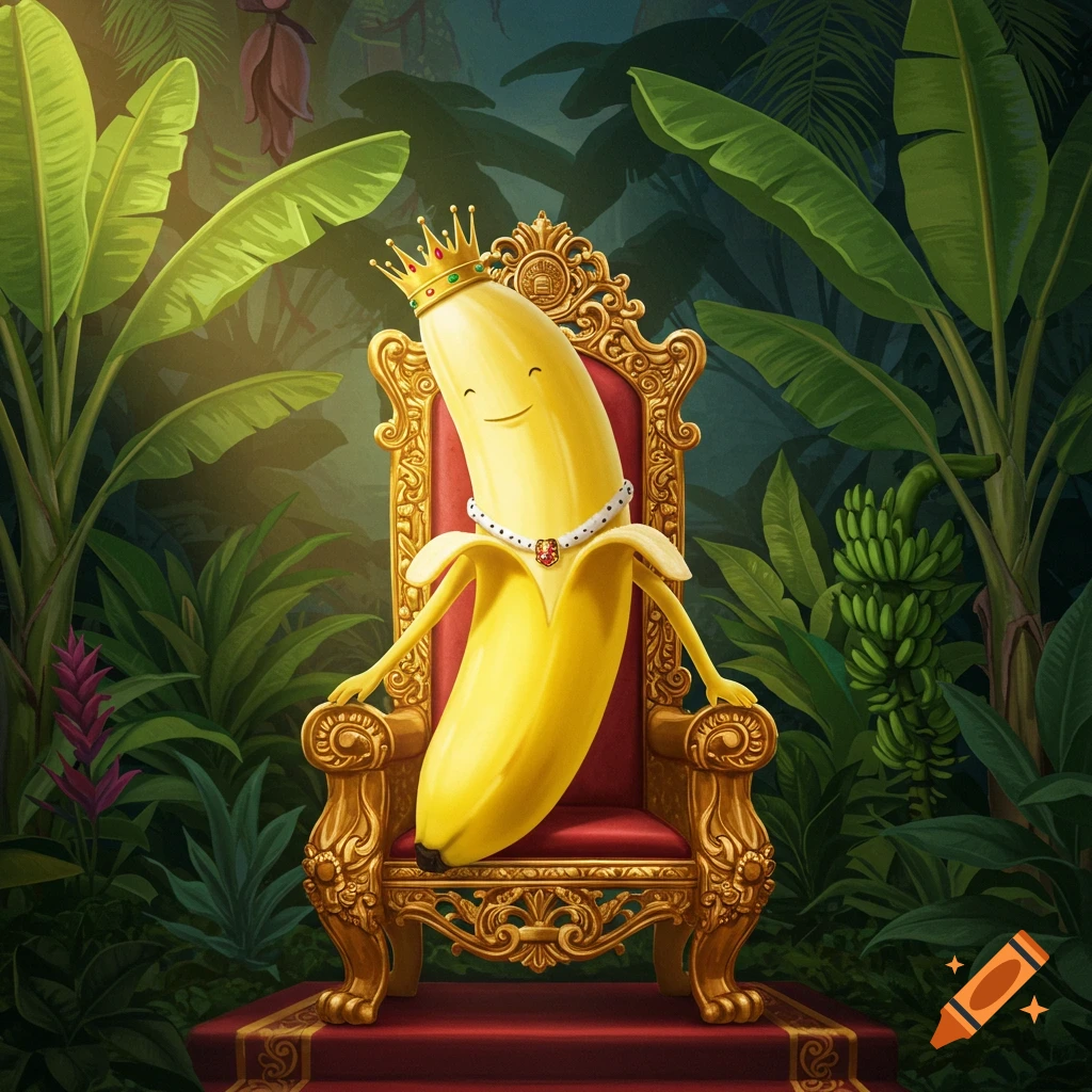 Smiling banana king with a crown and necklace on an ornate golden throne in a lush jungle, cartoon illustration.