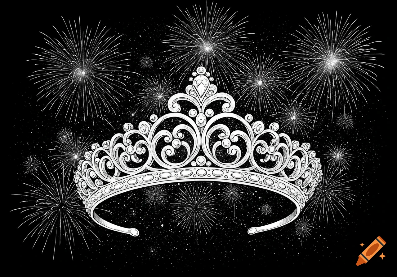 Detailed black and white line drawing of a sparkling tiara with fireworks exploding in the night sky.