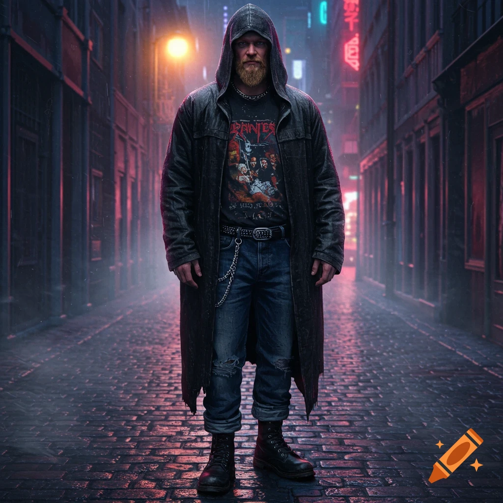 Bearded man in a hooded trench coat, band t-shirt, and ripped jeans stands in a neon-lit, wet urban alley.