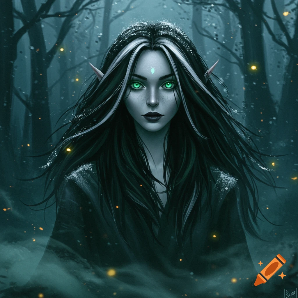 A dark fantasy digital painting of a witch with long black and white hair and glowing green eyes in a misty forest.