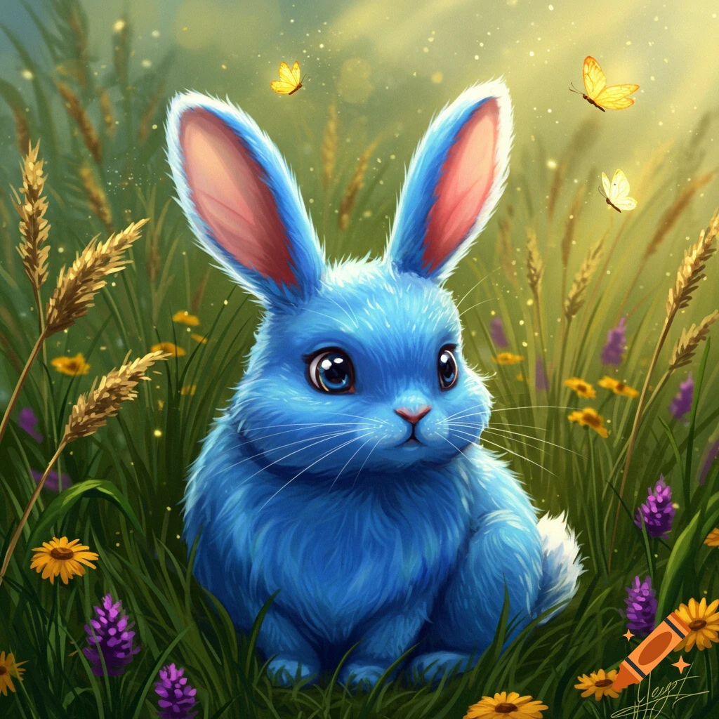 A fluffy blue bunny with large eyes and pink ears sits in a vibrant field with colorful flowers and golden wheat, with butterflies, in an illustrative style.