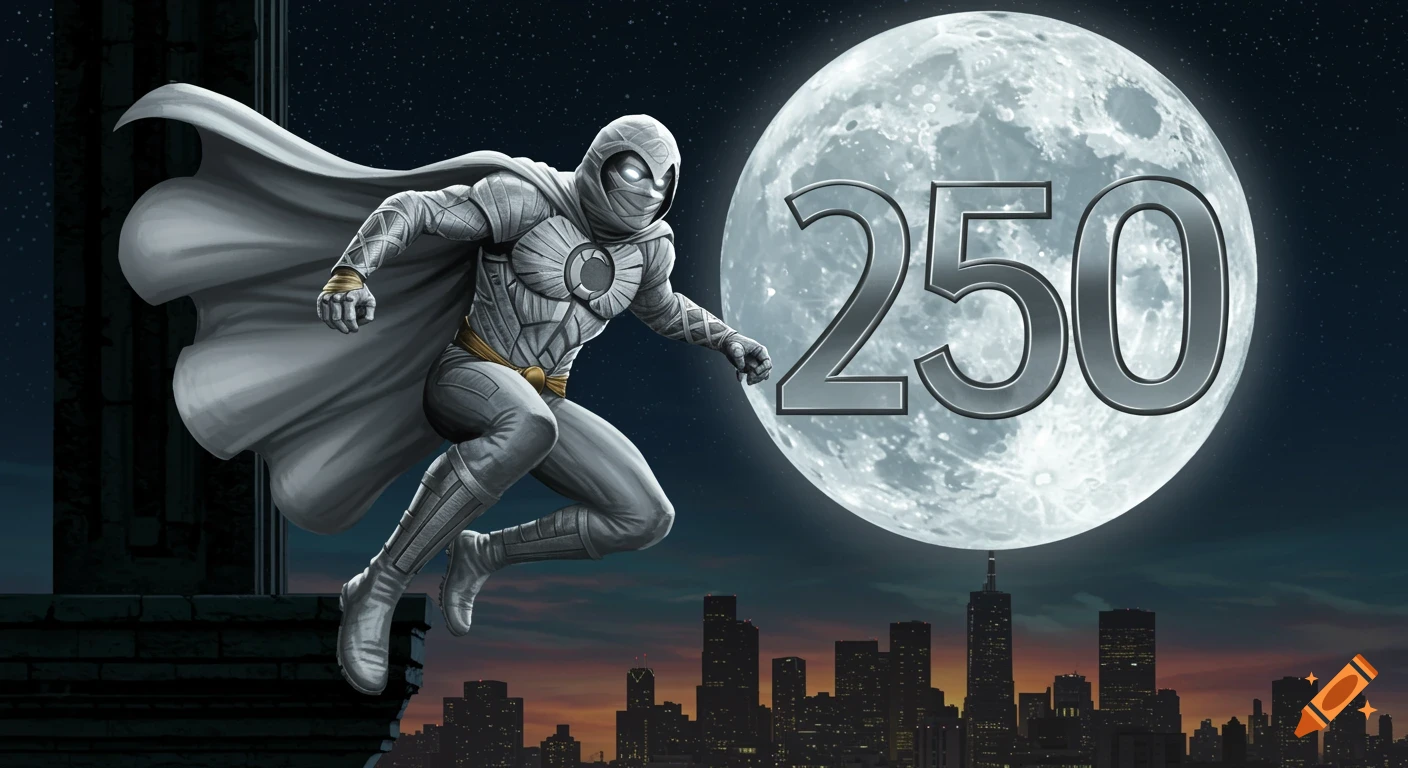 Moon Knight in his white suit and cape leaping over a cityscape at night, with a large moon bearing the number 250 in the background.