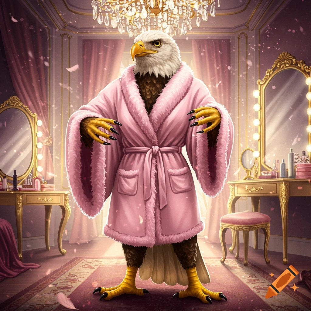 An anthropomorphic bald eagle in a fluffy pink robe stands in a luxurious dressing room with mirrors and a chandelier.