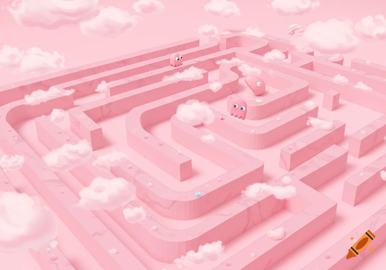 A pastel pink maze resembling Pac-Man, with small pink ghosts, pellets, and soft clouds floating above the paths.