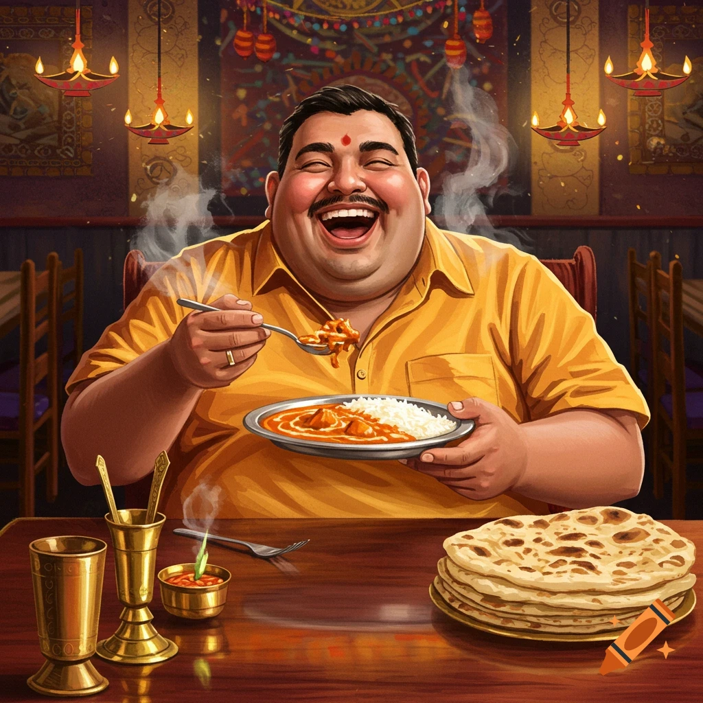 A joyful man in a yellow shirt laughs while eating butter chicken and rice with a stack of naan at a restaurant table.